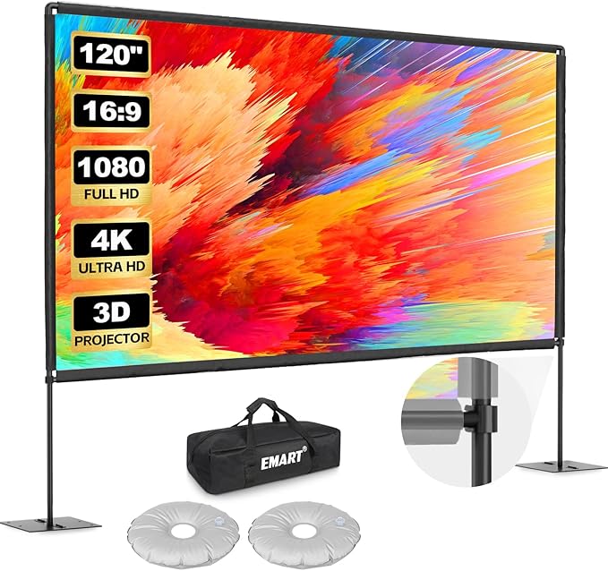EMART Outdoor Projector Screen with Stand, 120 Inch Portable Projector Stand Indoor with Heavy Duty Flat Base, 16:9 4K HD Rear Front Movie Screen for Backyard, Party, Night (with Water Bag, Carry Bag)
