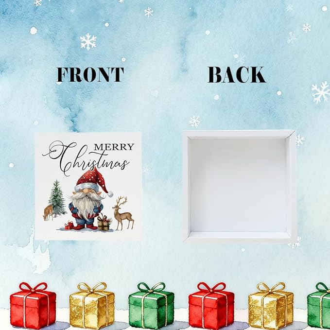 Cute Santa Snowman Wood Box Sign Desk Decor, Claus Snow Scene Wooden Block Sign, Winter Christmas Home Decorative Plaque for Living Room Bedroom Office Table Top Decor 5 x 5 Inches