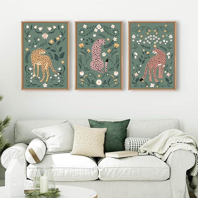 KAIRNE Boho Cheetah Wall Art Set of 3, Floral Leopard with Green Botanical Background, Mid Century Modern Animal Prints for Bedroom, Living Room, Office Decor, Aesthetic Framed Wall Decor, 16x24 Inch