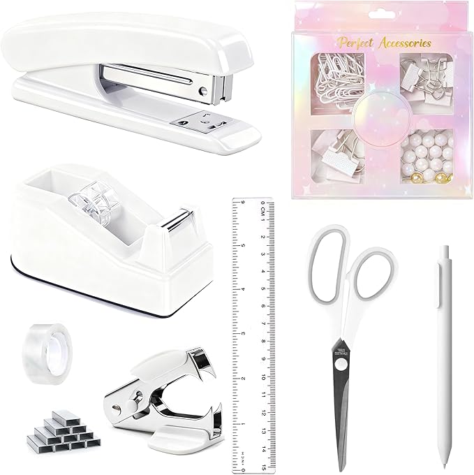 Office Desk Accessories, White Office Supplies Accessories with Tape Dispenser, Stapler, Staple Remover, 1000 Staples, Tape, Clips Set, Ruler, Scissor, Pen