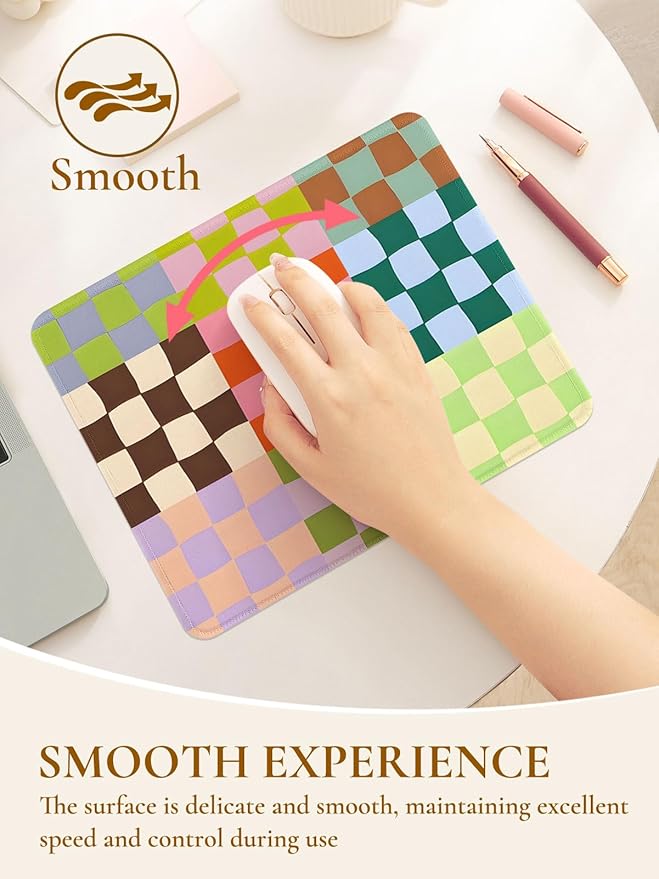 Cute Colorful Mouse Pad,Retro Checkered Pattern Mousepad,Square Aesthetic Waterproof Mouse Mat Design, Non-Slip Rubber Base Funny Boho Small Mouse Pads, Desk Accessories,Purple Blue Green