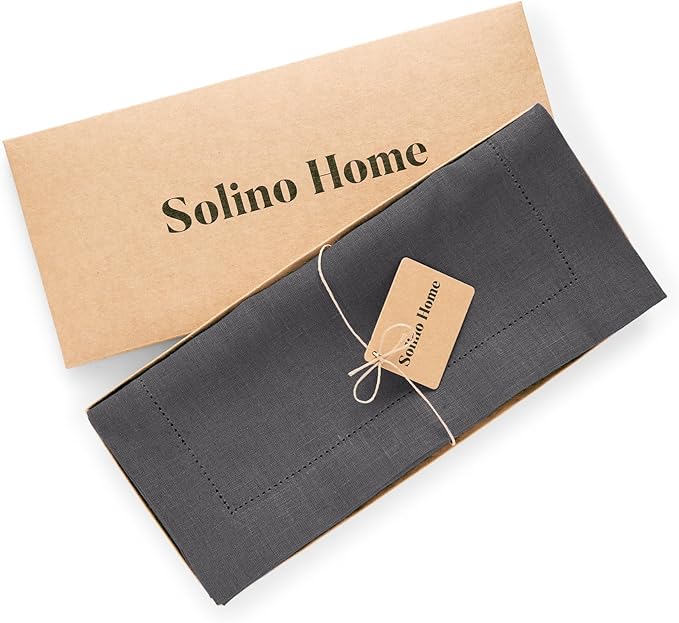 Solino Home Linen Table Runner 90 Inches Long - 100% Pure Linen Charcoal Table Runner 14 x 90 Inch for Winter - Medium Weight Hemstitch