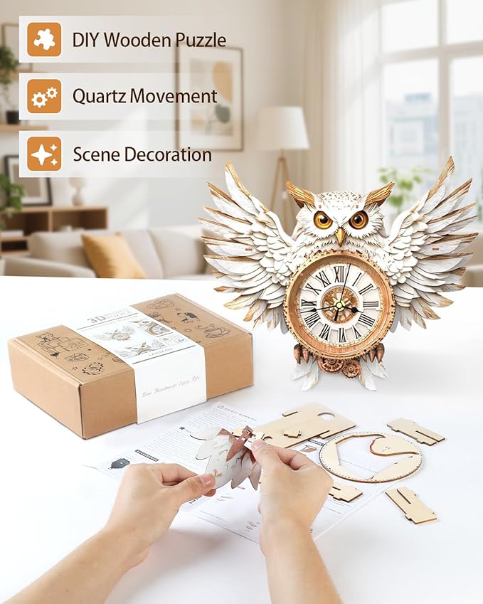 3D Wooden Puzzles for Adults,Snowy Owl DIY Clock Kit with Pendulum Idea,Beginner 3D Puzzles Model Kit Crafts - Hobbies Birthday Christmas Day Gift for Teens Adults