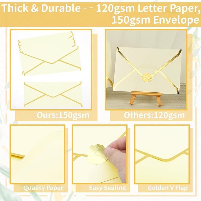 30 Pack Stationery Paper Set with Gold Border Including #10 Business Envelopes and 8.5x11 Paper Sheets 30 Gold Stickers for Love Letters and Party Invitations (Cream Color)