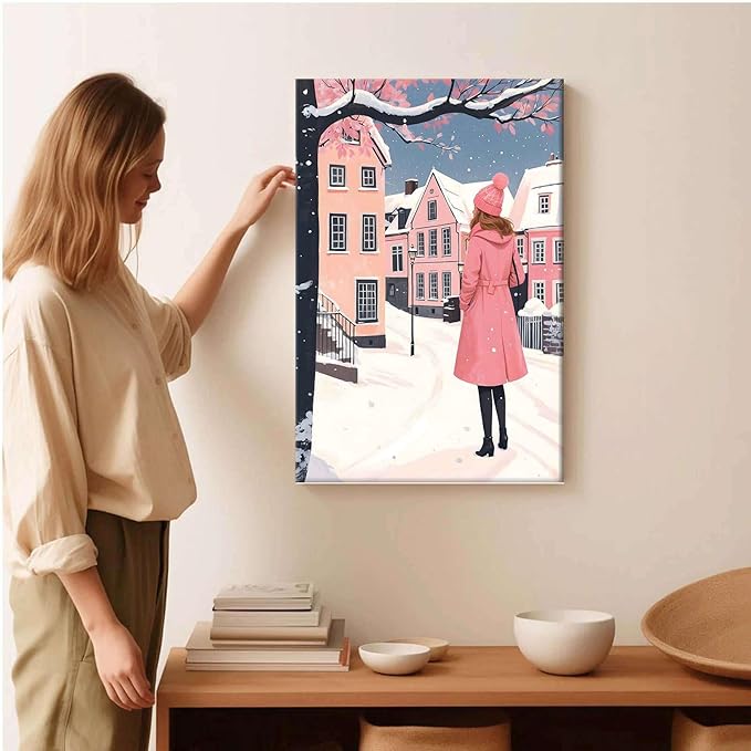 Framed Canvas Wall Art serene winter scene in a quaint village art print Christmas snow cosy winter's day 20x30in Wood Framed
