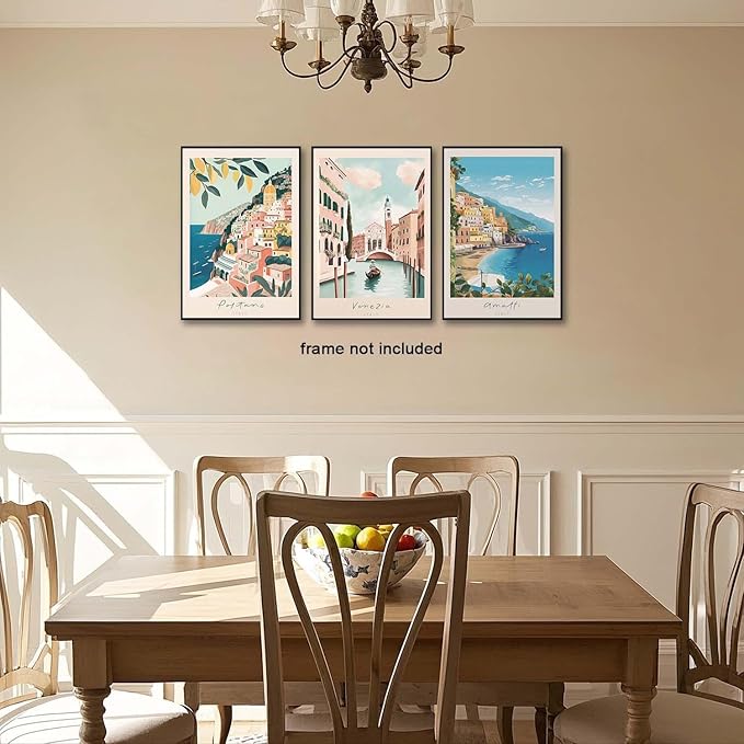 XLARTMY Italy Amalfi Coast Travel Posters Wall Art Canvas Decor City Landscape Blue Venice Coast Painting Beach Modern Artwork for Living Room Bedroom Bathroom Office Set of 3 16x24in Unframed