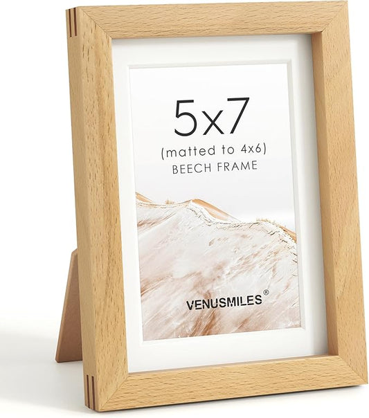 5x7 Picture Frame, USA-Sourced Natural Beech Wood Photo Collage Frame with HD Tempered Glass, Modern Simple 5 x 7 Wooden Frame Matted to 4x6, Gallery Wall Frames for Art, Wall or Tabletop Display