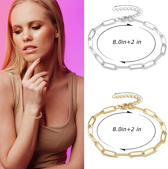 Exway 20 Pcs Paperclip Charm Bracelets Chain 8.0 Inch Stainless Steel Gold and Sliver Chain Bracelets Kit with Lobster Clasps for Crafts DIY Women Jewelry Making