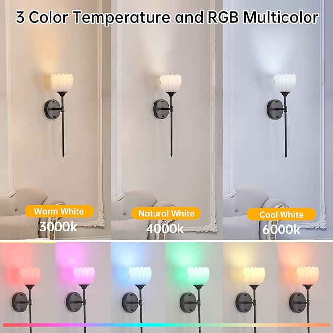 Battery Operated Wall Sconce Set of 2, White Tulip Vintage Wall Light Fixture Rechargeable 5000mAh Battery Powered Wall Lamp with Remote for Living Room Bathroom, Black