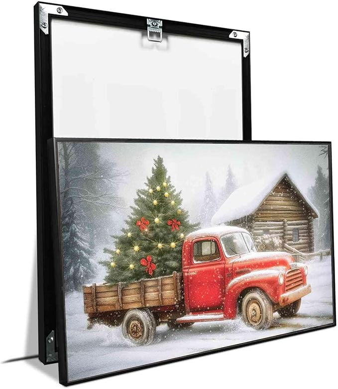 Red Truck Christmas Tree Vintage Holiday Wall Art Winter Snow Scene Poster Nostalgic Truck Canvas Print Indoor Decor for Home Living Room Bedroom Office Dining Room Farmhouse Framed Ready to Hang