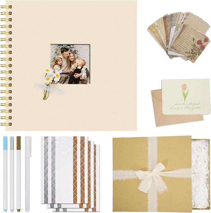 Vienrose 8 x 8 Inch Scrapbook Album Gift Set, Linen Hardcover Photo Book with 40 White Pages, DIY Memory Book Kit with Accessories for Wedding, Baby Shower, Travel, Christmas (Beige, 20 Sheets)
