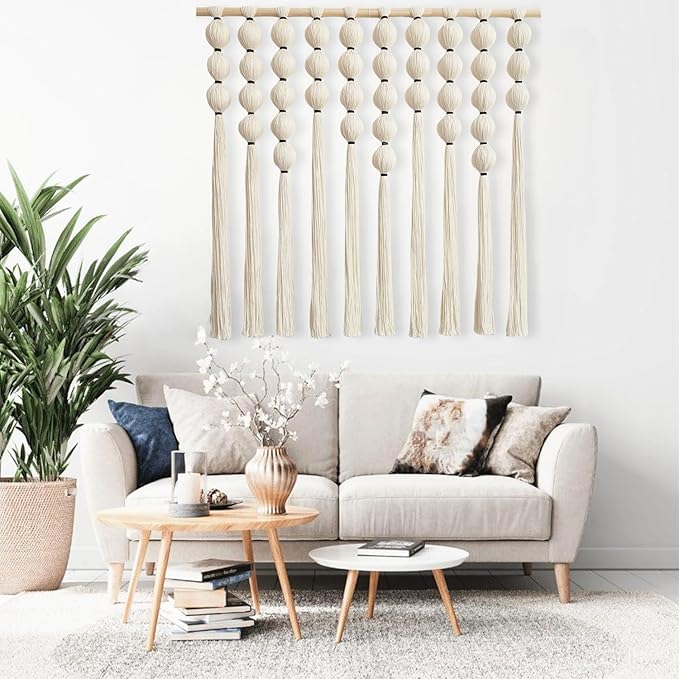 RUIZHIXUAN Large Macrame Wall Hanging Macrame Ball Wall Hangings Tapestry Cotton Textile Boho Wall Decor Art Bohemian headboard Handwoven 39" Wx38” L(Cream)
