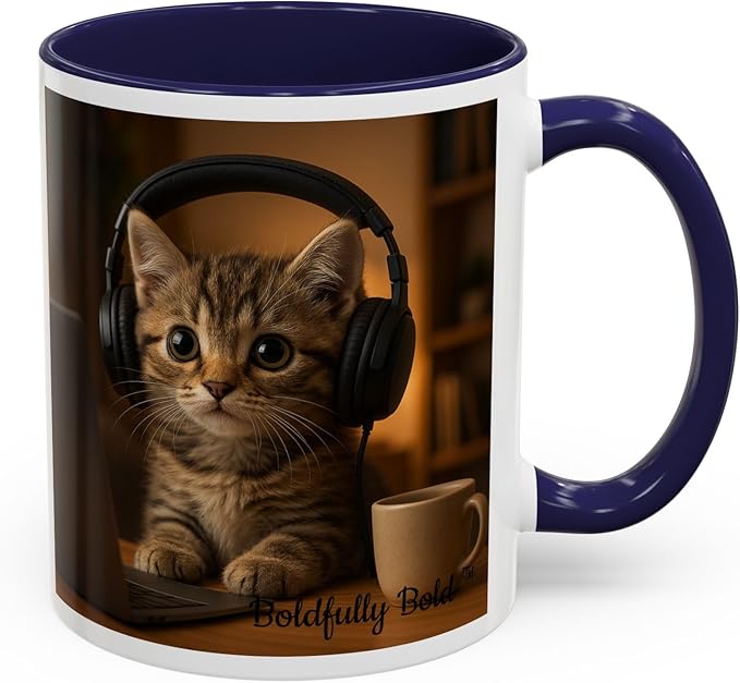 Adorable Cat Coffee Mug, Cute Kitten with Earphones, Pet Lover Gift, Tea Cup, Animal Lover Mug, Coffee Cup