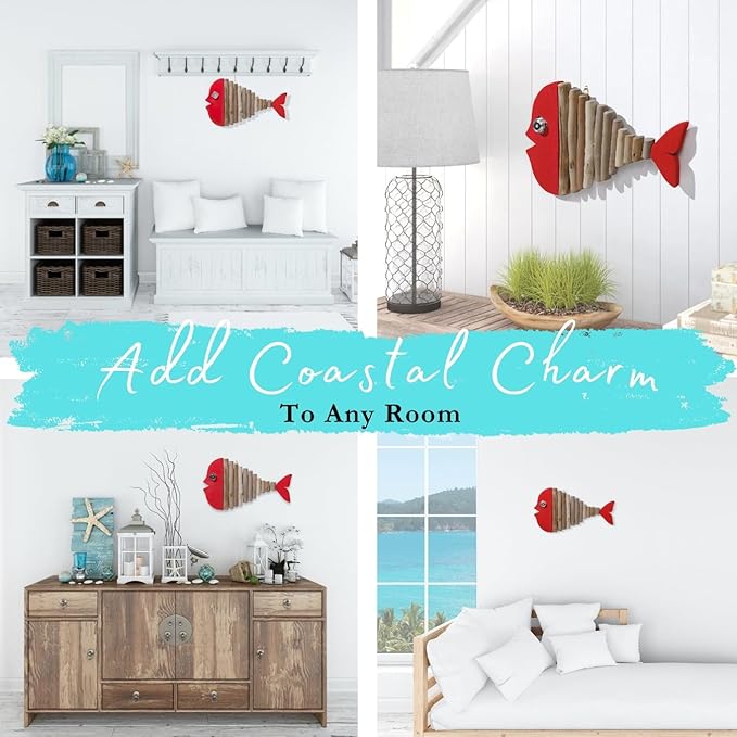 Mint Bucket Brands Driftwood Fish Nautical Wall Decor - 18" x 10" Handmade Wooden Rustic Coastal Wall Art for Living Room, Bedroom, Office, Bathroom - Ocean Beach Decoration (Ruby)
