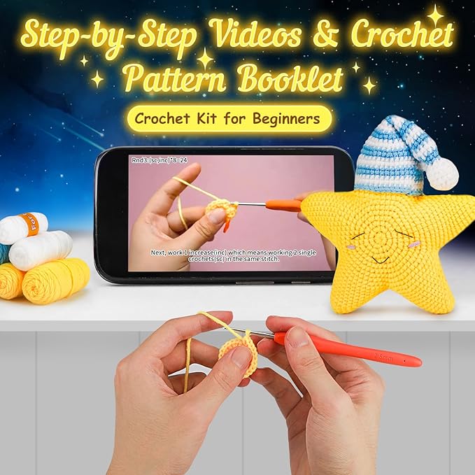 ekaus Crochet Kit for Beginners, Crochet Kit with Step-by-Step Video Tutorials, Crochet DIY Knitting Supplies for Adults, Crochet Star(45%+ Yarn)