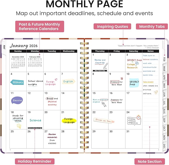 2026 Planner, Weekly and Monthly Calendar Planner for Women, Jan 2026 - Dec 2026, Hardcover Planning Agenda book with Tabs, Spiral Bound, Inner Pocket, Perfect for School Office Supplies, 6.3" x 8.5" - Checkered