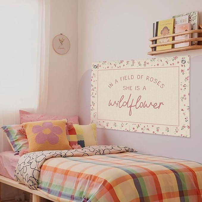 Wildflower Nursery Decor, Girls Room Decor - In a Field Full of Roses She Is a Wildflower Pink Linen Banner Flag for Little Girl Baby Girl - Pink Wildflower
