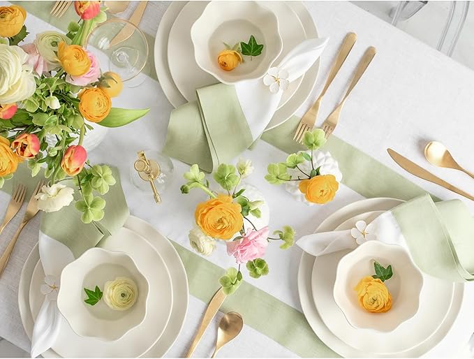 Solino Home Linen Table Runner 108 Inches Long - 100% Pure Linen Sage Green and White Dining Table Runner 14 x 108 Inch for Winter, Spring, Easter, St Patricks Day - Contempo
