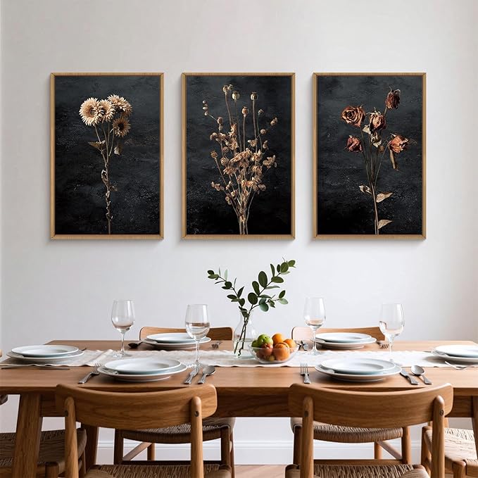 Large Moody Dark Floral Framed Canvas Wall Art,Vintage Dried Flowers Wall Decor,Modern Retro Wildflowers Artwork,Mid Century Boho Botanical Art Print for Living Room,Bedroom,Office-16 x24 x3