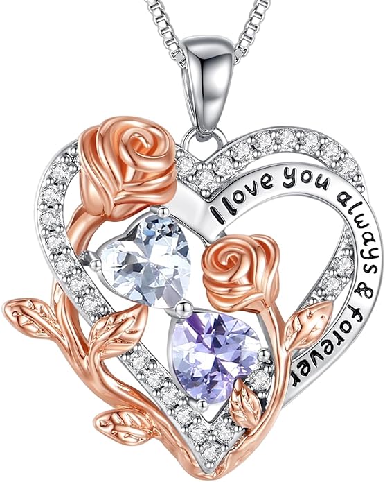 I Love You Birthstone Necklace, 925 Sterling Silver Heart Pendant with CZ Diamond Stones, Birthday Gifts for Women, Romantic Gift for Wife, Girlfriend, Her, Anniversary, Valentine's Day, Christmas