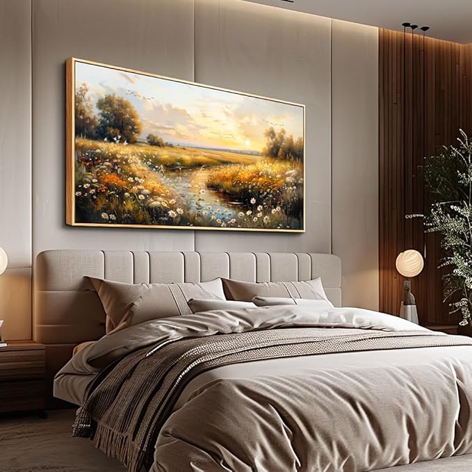 KELIYUAN Large Canvas Wall Art For Living Room Wall Decor For Bedroom Pastoral Landscape Painting Farmhouse Painting Office Restaurant Wall Pictures Artwork Ready To Hang Wood Framed 24"X48"