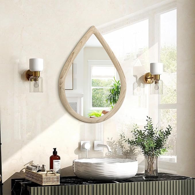 Teardrop Wall Mirror Small Natural Wood Framed Wall Hanging Mirror Irregular Mirrors for Wall Decorative Farmhouse Bedroom Bathroom Entryway Mirrors