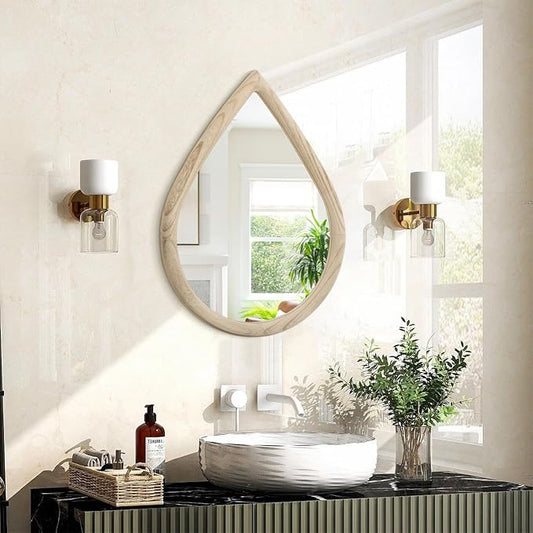 Teardrop Wall Mirror Small Natural Wood Framed Wall Hanging Mirror Irregular Mirrors for Wall Decorative Farmhouse Bedroom Bathroom Entryway Mirrors