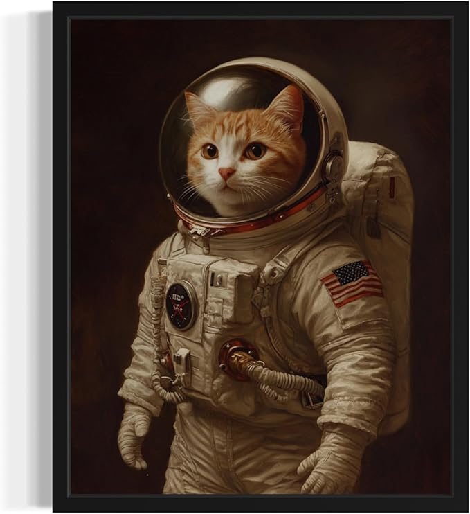 Astronaut Cat Art Poster Print, Cat Kitten Painting Humor Portrait Pet Artwork Decor Gallery A8 (Astronaut, 16 x 20 inches, Black Frame)