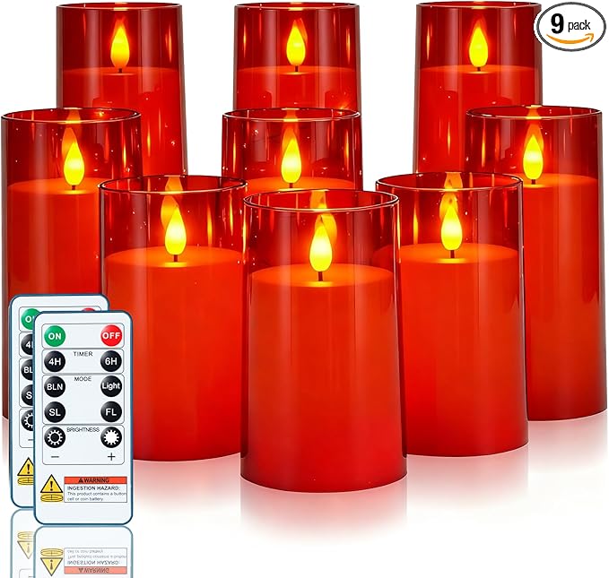 Homemory Christmas Red Flickering Flameless Candles, Battery Operated Acrylic LED Pillar Candles with Remote Control and Timer, Set of 9