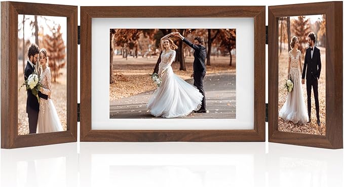 Hinged 3 Picture Frame 4x6 & 5x7 Folding Collage Photo Frames Multiple Wooden Desk Picture Frames with Mat for Office Tabletop or Wall Decor, Brown