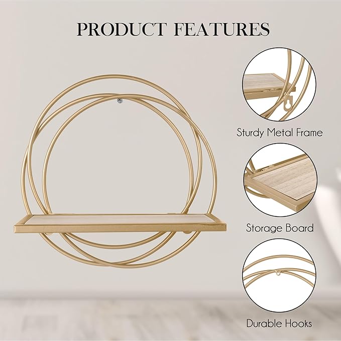 Oakrain Small Floating Shelves Set of 2, 11" Gold Wall Mounted Hanging Shelf with Metal Frame Wood Round Wall Shelves for Storage, Living Room Decor, Bathroom, Kitchen, Bedroom, Office