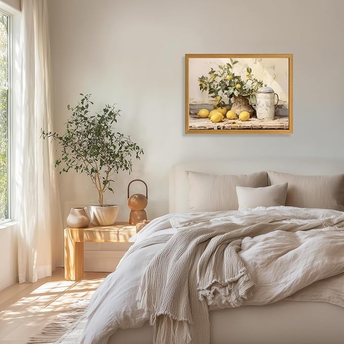 LLEEMPI Vintage Lemon Wall Art, Country Botanical Wall Decor, Yellow Fruit Still Life Canvas Painting, Rustic Farmhouse Poster Print for Kitchen Living Room Bathroom Bedroom Wood Framed 12x16 Inch