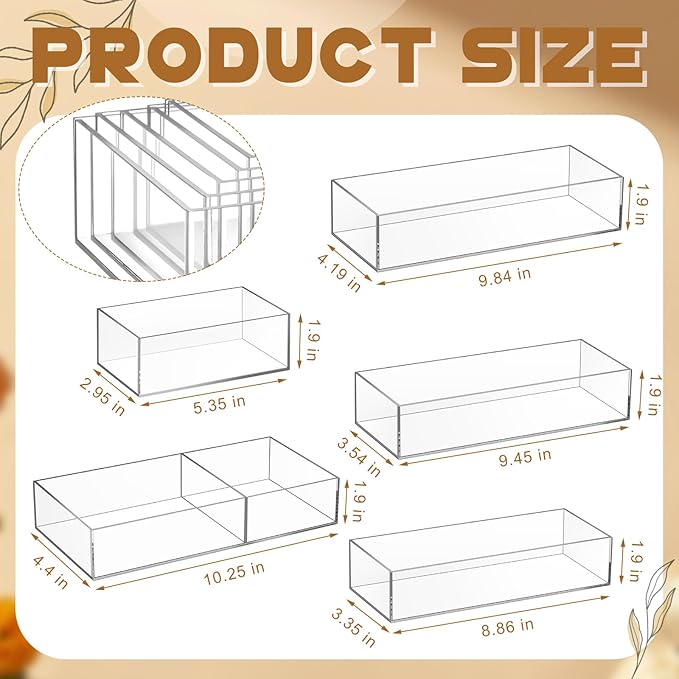 5 Pack Acrylic Desk office Organizer, Makeup Drawer Organizer Trays, Storage Bins for stationery, Makeup, Jewelry, Gadgets for Kitchen, Office, Bedroom, Bathroom