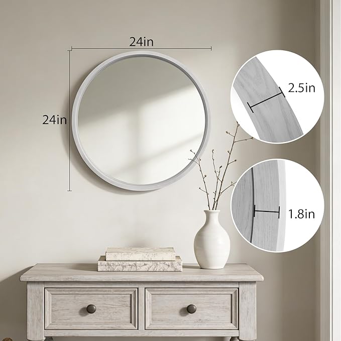 WallBeyond 24 Inch Round Wood Mirror, Circle Wooden Frame Wall Mirror for Bathroom, Living Room, Bedroom, Entryway (White)