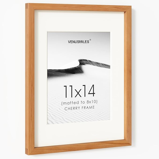 11x14 Picture Frame, USA-Sourced Natural Cherry Wood Photo Collage Frame with HD Tempered Glass, Modern Simple 11 x 14 Wooden Frame Matted to 8x10, Vertical & Horizontal Wall Hanging Display