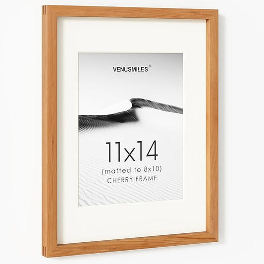 11x14 Picture Frame, USA-Sourced Natural Cherry Wood Photo Collage Frame with HD Tempered Glass, Modern Simple 11 x 14 Wooden Frame Matted to 8x10, Vertical & Horizontal Wall Hanging Display