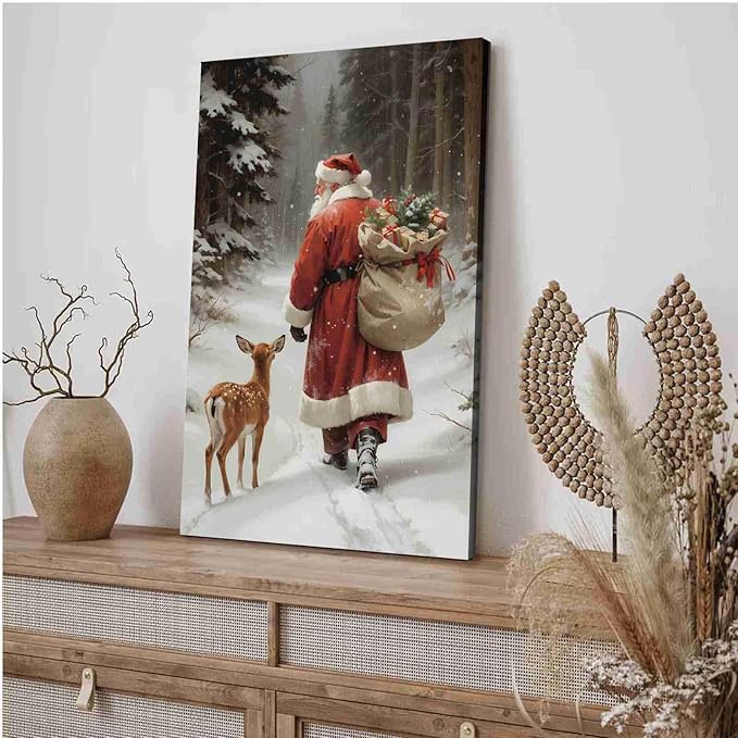 Canvas Wall Art Vintage Santa Claus Print Christmas Wall Art Reindeer Painting Christmas Holiday Decor Winter Forest Painting 24x36in-UnFramed