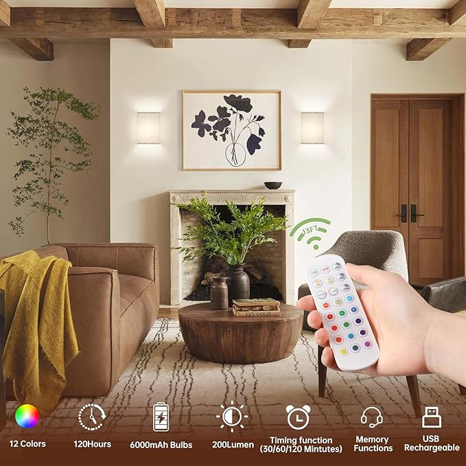 Adhesive Battery Operated Wall Sconce Set of 2, 6000 mAh Battery Rechargeable Bulb with 12 RGB Colors, Stick on Cuboid Wall Sconce No Drill Wall Lights, Linen