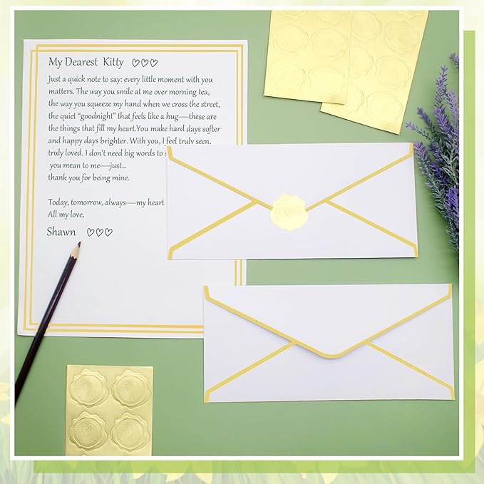 30 Pack Stationery Paper Set with Gold Border Including #10 Business Envelopes and 8.5x11 Paper Sheets 30 Gold Stickers for Love Letters and Party Invitations (White)