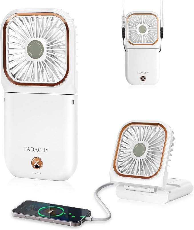 FADACHY Mini Fan Handheld Personal Fan Breeze Quiet Power Neck Fan Rechargeable, Outdoors, Hiking, Camping, white