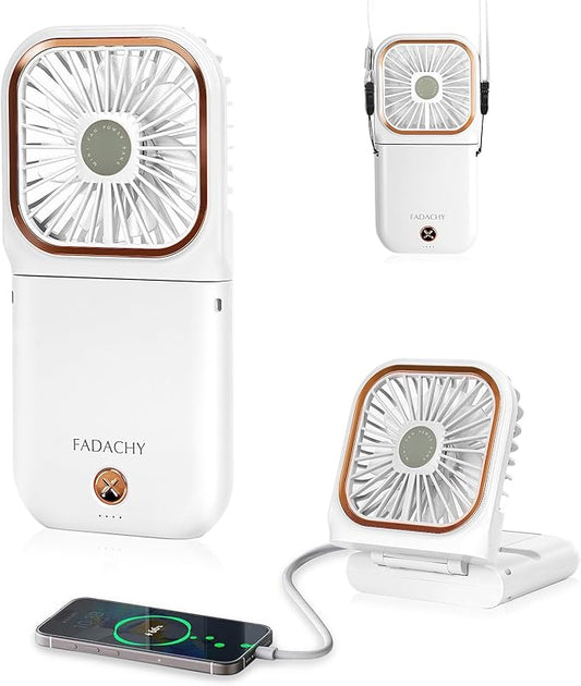 FADACHY Mini Fan Handheld Personal Fan Breeze Quiet Power Neck Fan Rechargeable, Outdoors, Hiking, Camping, white