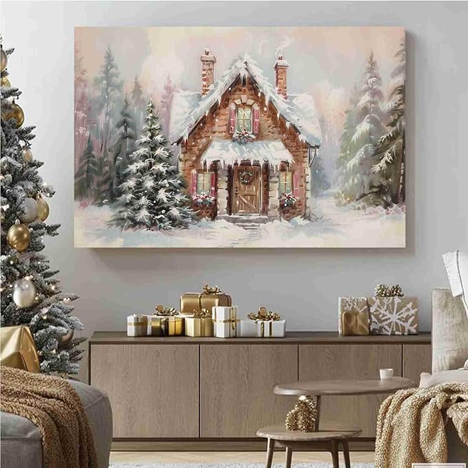 Snowy Cabin Wall Art Christmas Landscape Print Watercolor House Poster Festive Holiday Canvas Print Rustic Winter Scene Wall Decor Indoor Decor for Living Room Bedroom Kitchen Cabin Christmas Holiday