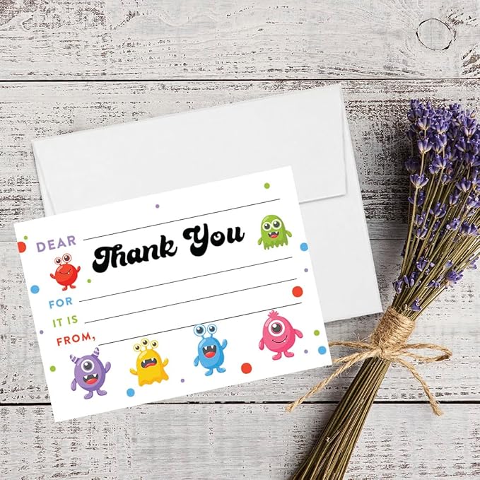 Andaz Press Kids Fill in the Blank Thank You Cards - 20 Cards Including Envelopes Silly Creatures Fun Gender Neutral Note Cards For Boys Girls Birthday Thank You Notes for Friends Family Party Guests