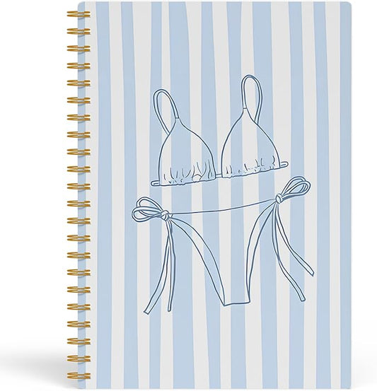 Girly Beach Notebook, Preppy Blue Striped Coastal Journal, Trendy Ocean Journal for Writing, Beach Lover Gifts for Women, Aesthetic Beachy Spiral Notebook, 5.5x8.3 Inch 555