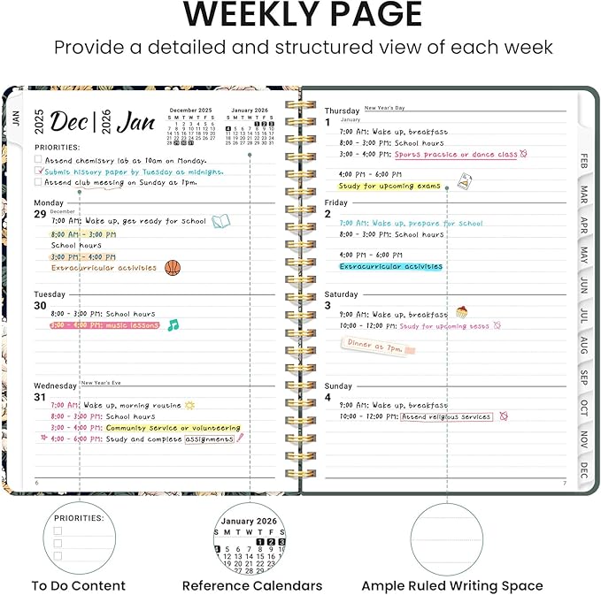 2026 Planner, Monthly and Weekly Calendar Planner for Women, Jan 2026 - Dec 2026, Hardcover Pretty 2026 Agenda Planner Book with Tabs, Spiral Bound, Perfect for School Office Home Supplies, 6.3" x 8.5" - Dark Peony