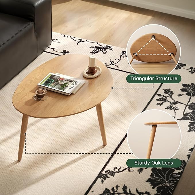 Wayshome Small Oval Coffee Table, 100% Solid Wood Coffee Tables Mid Century Modern Table for Living Room Side Table End Tables for Home(Original Wood Color, 33.46''x22.83''x15.74'')