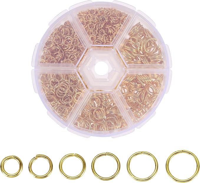 MECCANIXITY Jump Rings for Jewelry Making, 6 Sizes Alloy Open Jump Rings for Keychains Earings DIY Craft(Gold, 880Pcs)