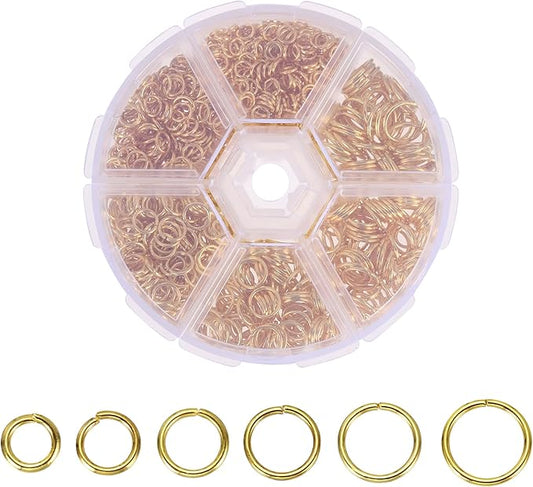 MECCANIXITY Jump Rings for Jewelry Making, 6 Sizes Alloy Open Jump Rings for Keychains Earings DIY Craft(Gold, 880Pcs)
