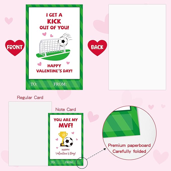 TICIAGA 24 Set Valentine's Day Football Greeting Cards with Envelop Green Heart Soccer Notecard Sticker for Kids Sport Theme Exchange Gifts for Boys and Girls School Classroom Supplies Party Favors
