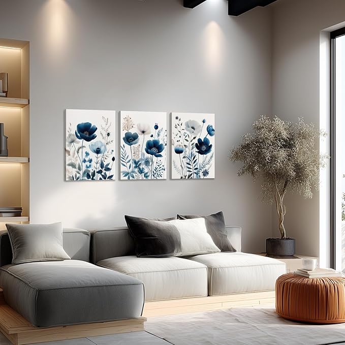 LLEEMPI Framed Navy Blue Floral Wall Art Set of 3, Modern Wildflower Wall Decor, Watercolor Botanical Canvas Paintings, Classic Minimalist Poster Prints for Bedroom Bathroom Office 16x24 Inch